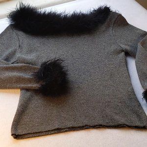 80's Vintage Ostrich trimmed small grey sweater